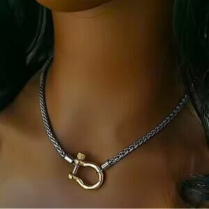 Horseshoe Silver Gold Statement Choker Necklace, Horse D Ring